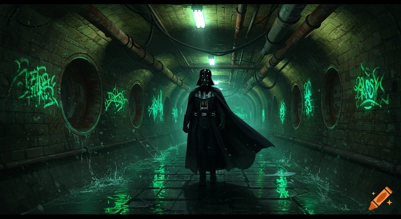 Darth Vader stands in a dark, glowing green sewer tunnel with water splashing on the ground and graffiti on the walls, in a cinematic style.