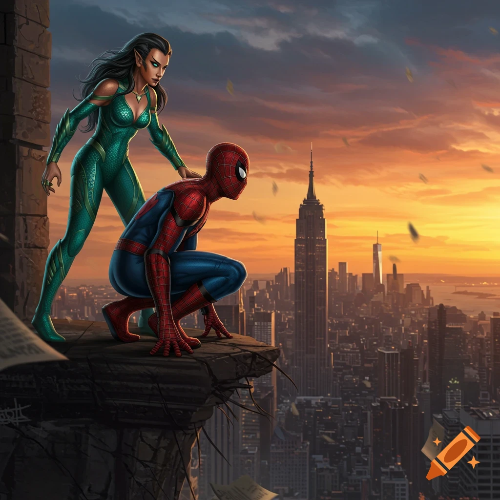 Spider-Man crouches on a city ledge with Namora standing behind him, overlooking a New York-like cityscape at sunset in comic art style.