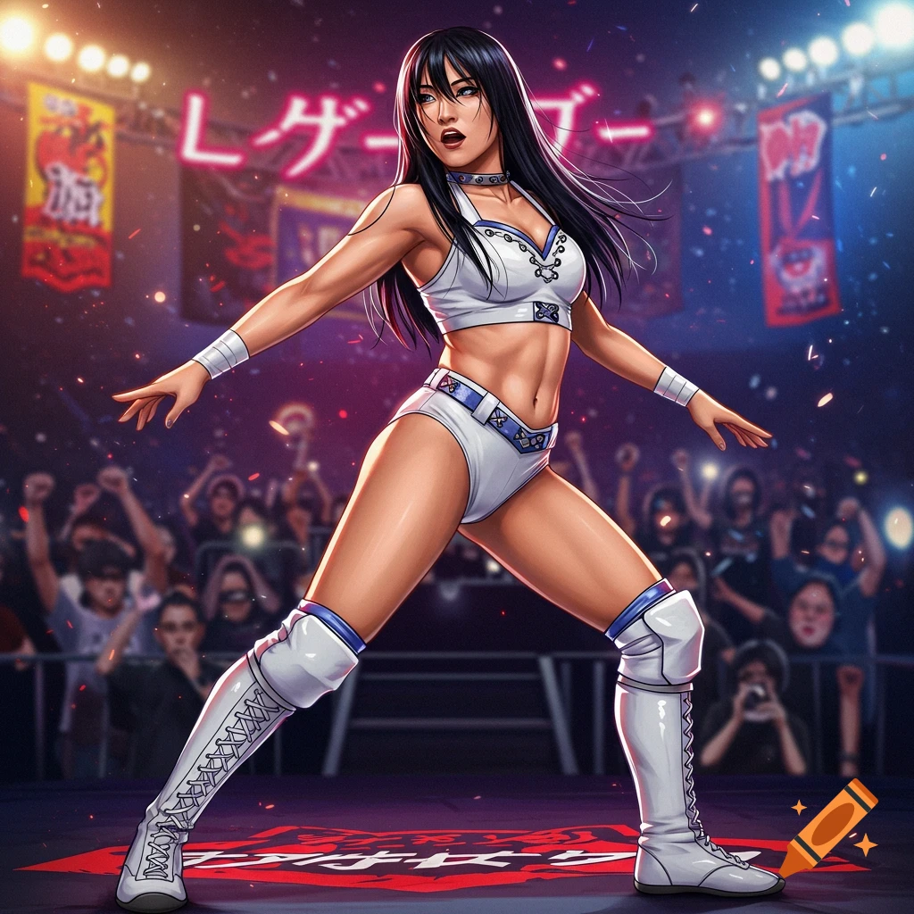 A Japanese female wrestler in a white leotard and boots poses in a vibrant wrestling ring with a cheering crowd.
