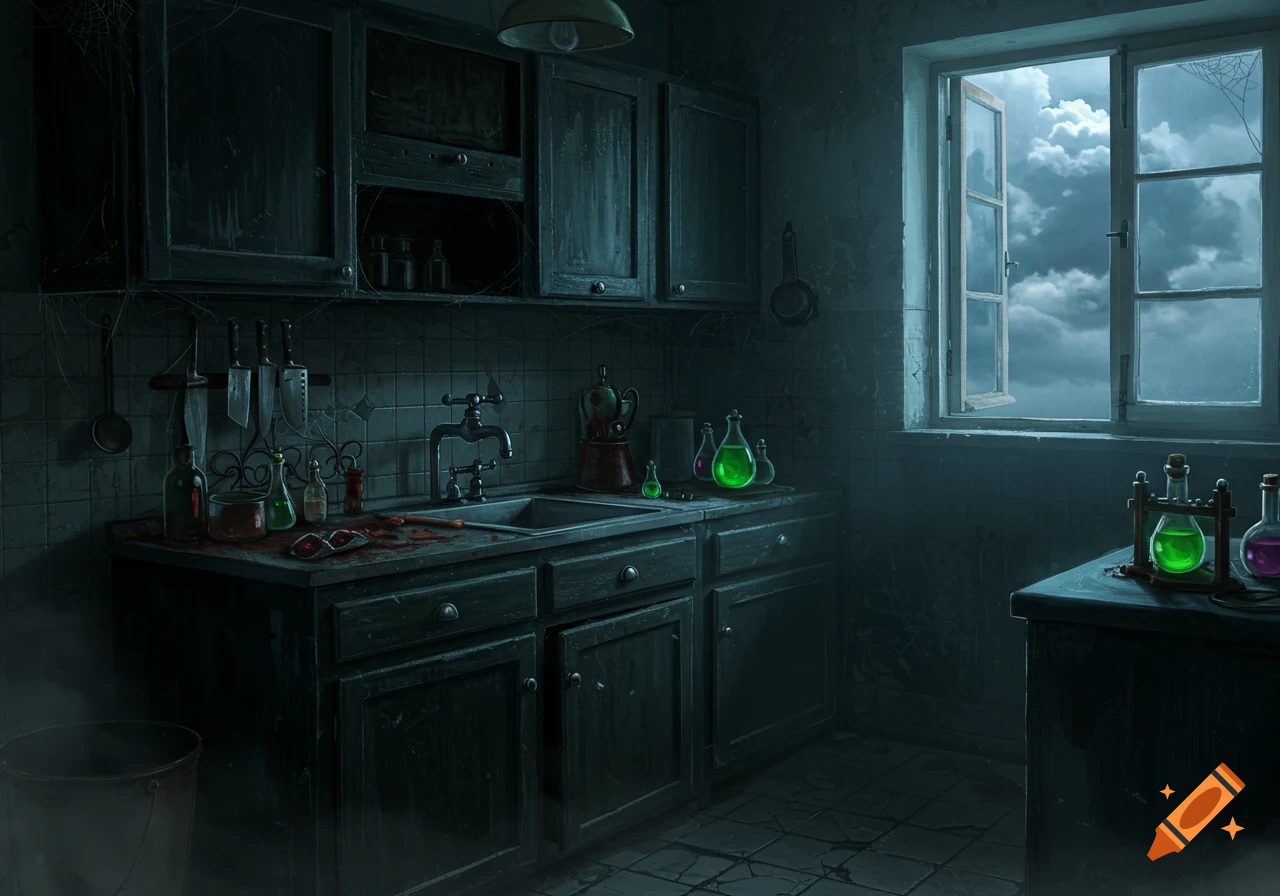 Dark, eerie kitchen with glowing potions, bloodstains, knives, and a window view of a cloudy sky, in a fantasy art style.