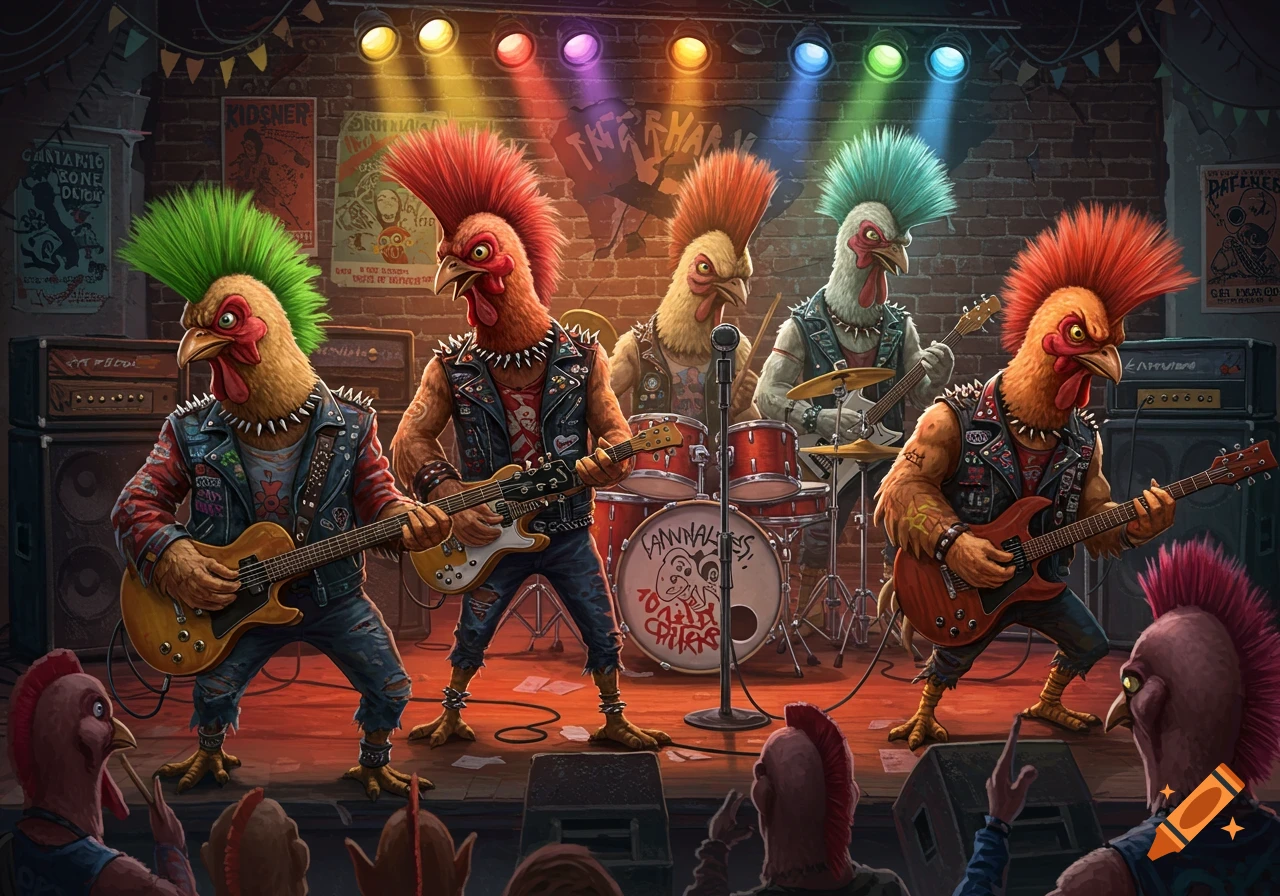 Anthropomorphic punk rock chickens with mohawks play guitars and drums on a stage under colorful spotlights.