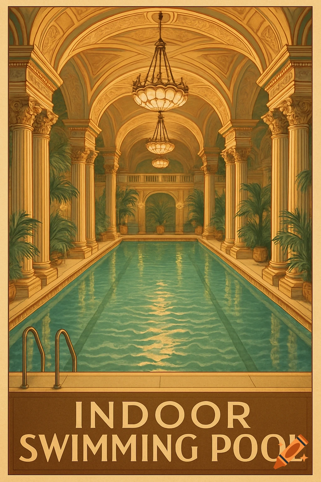 Vintage poster illustration of a luxurious indoor swimming pool with ornate classical architecture, grand chandeliers, and potted plants.