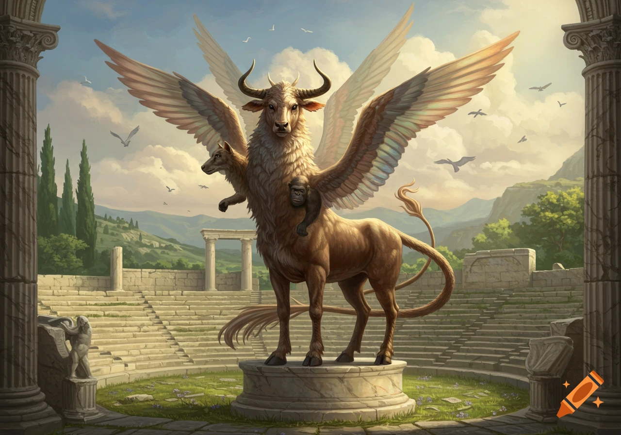 A majestic winged bull-like mythological creature with a wolf head and an ape head emerges from its body, standing on a pedestal in ancient Greek ruins under a dramatic sky.