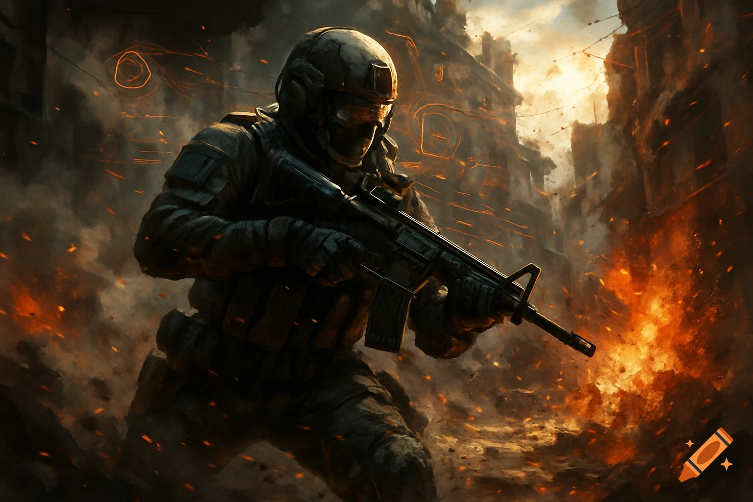 A soldier in tactical gear holds a rifle in a war-torn city with explosions and smoke, in a video game style.