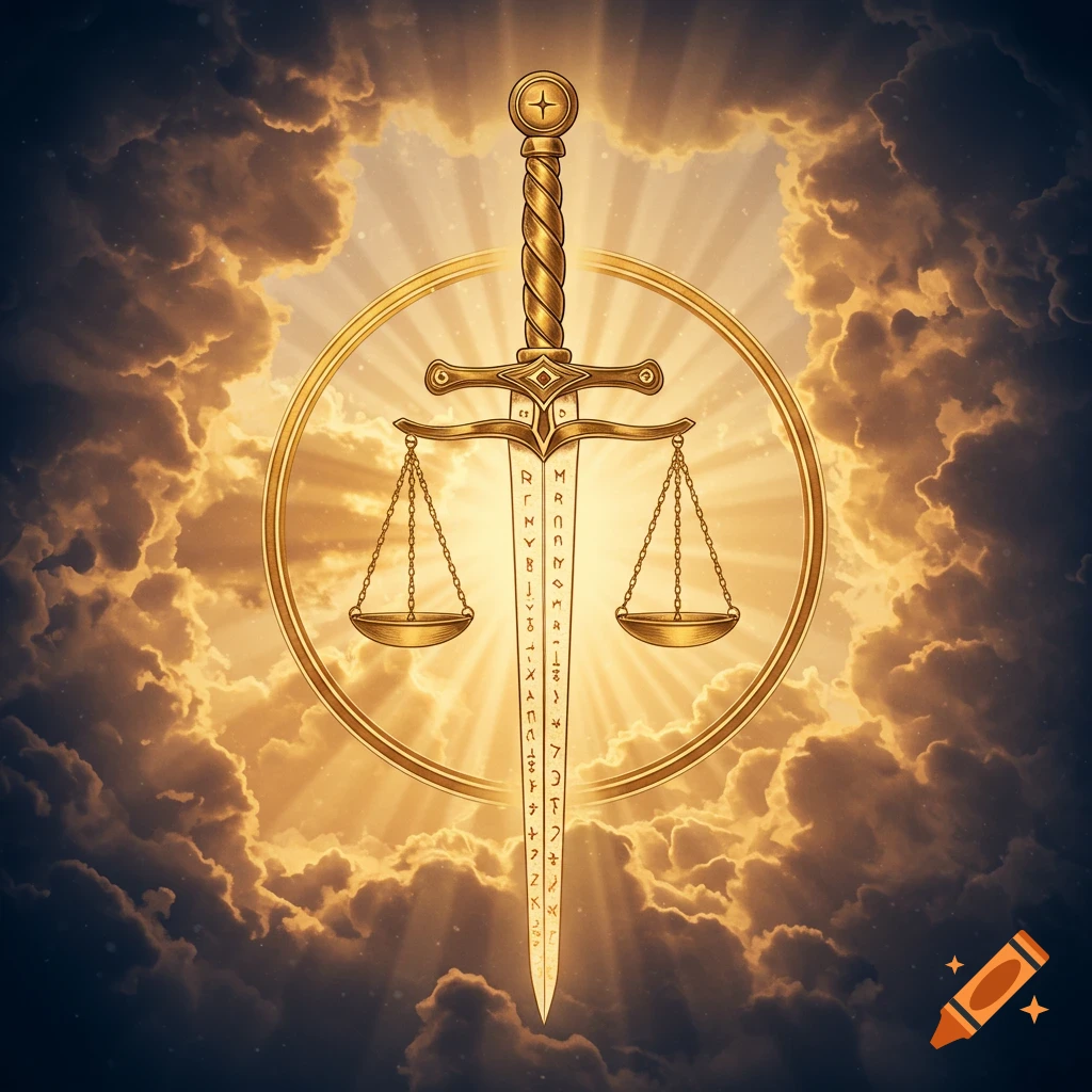 Golden sword with integrated scales against a radiant, cloudy sky, enclosed by a golden circle.