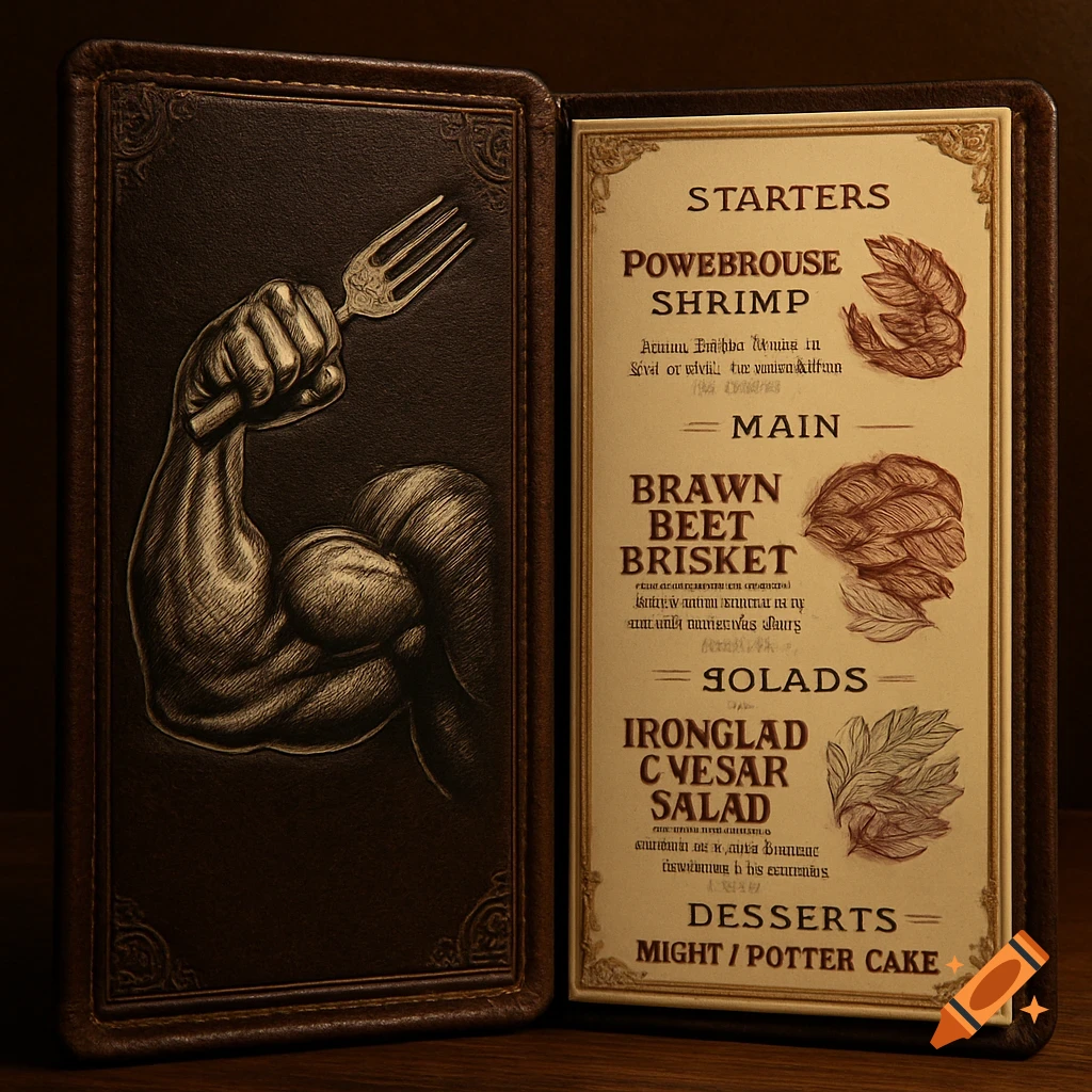 Vintage restaurant menu with a muscular arm holding a fork on the left; the right page displays food categories and illegible descriptions.
