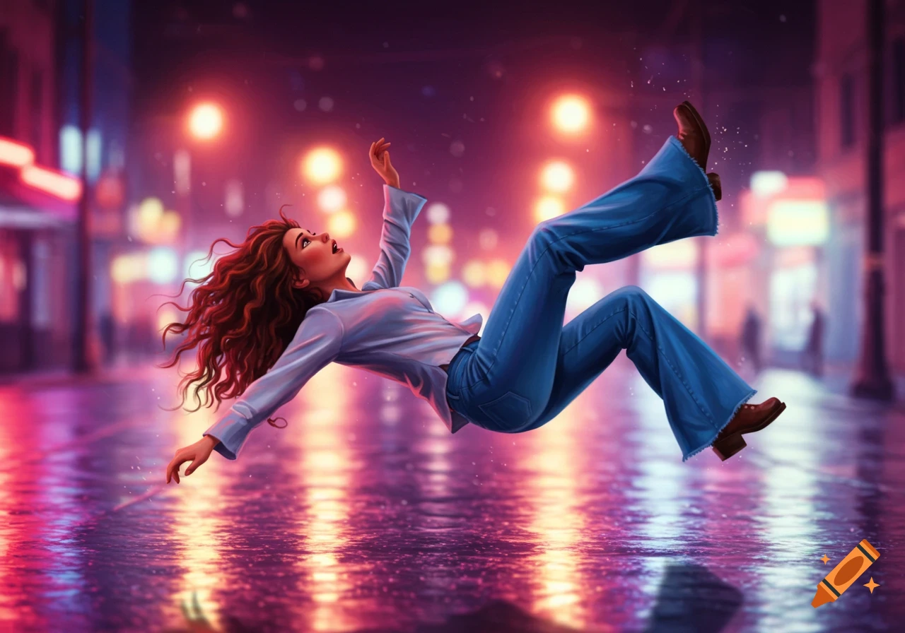 Stylized digital art of a woman in blue flared jeans falling on a wet city street at night, illuminated by neon lights.