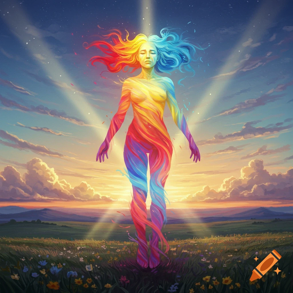 A vibrant, ethereal figure made of rainbow swirls stands in a grassy field under a radiant sunset sky.