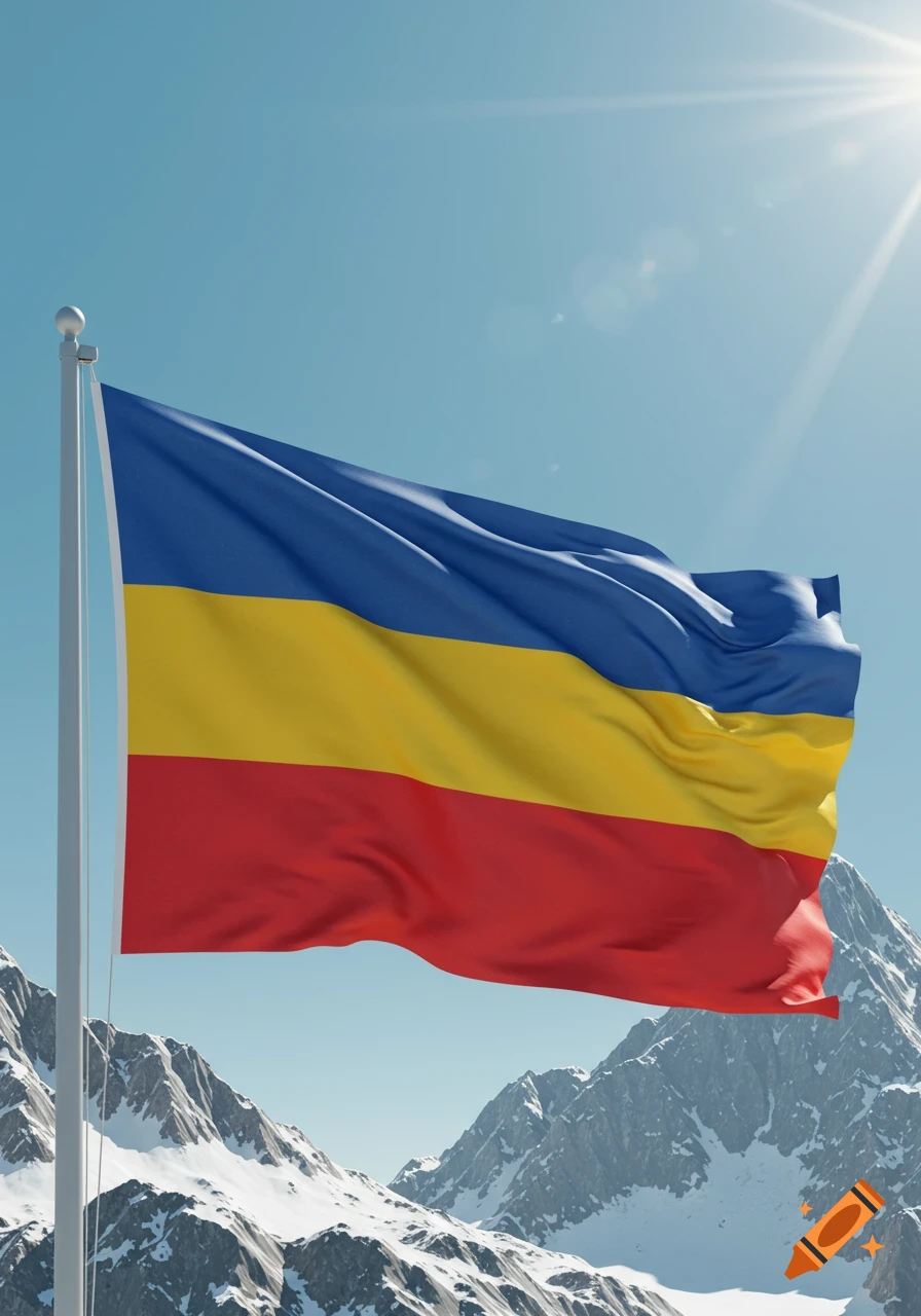 A blue, yellow, and red tricolor flag waves on a flagpole against a clear blue sky and snow-capped mountains.
