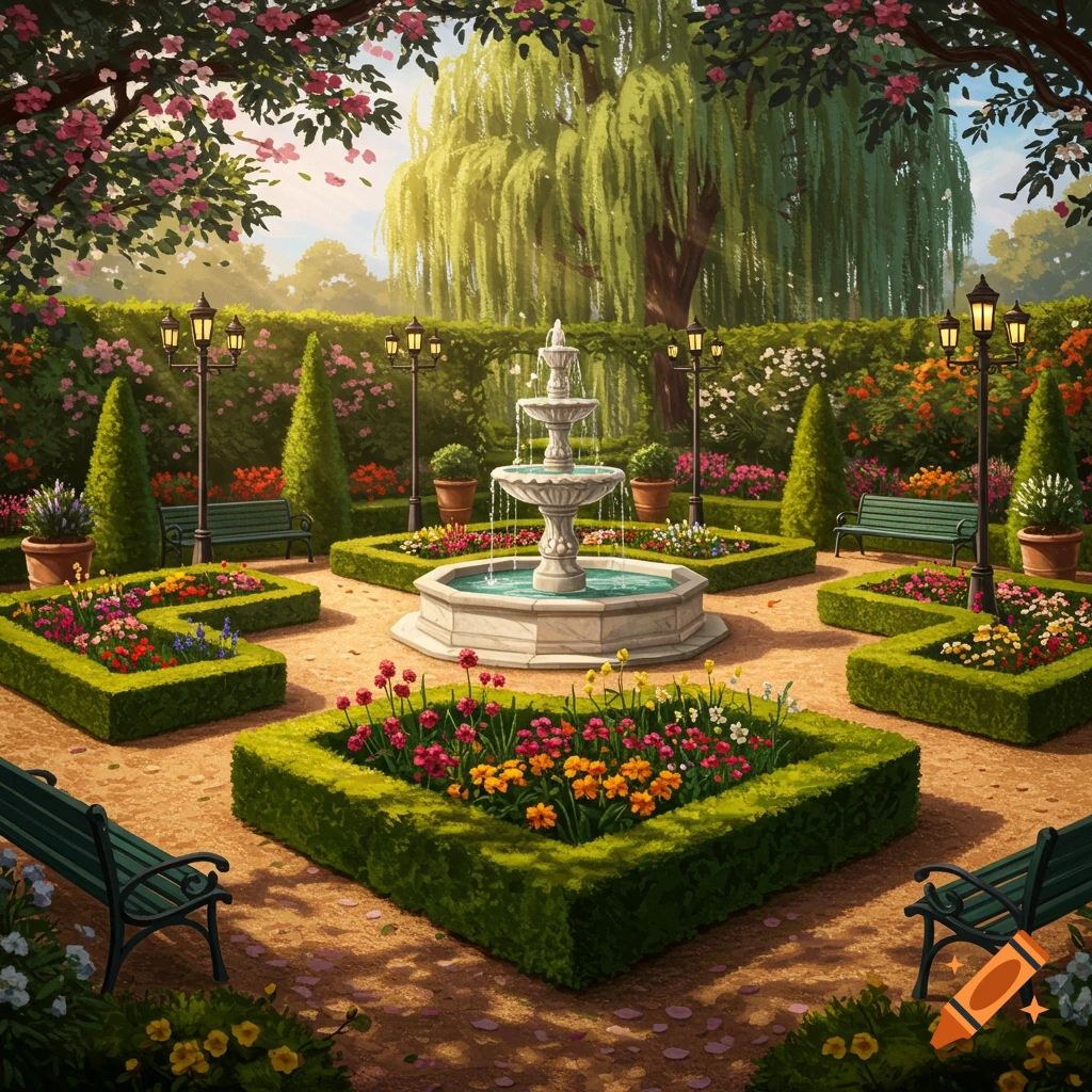 A beautiful, sunlit formal garden featuring a stone fountain, colorful flower beds, manicured hedges, and benches, with a large weeping willow tree.