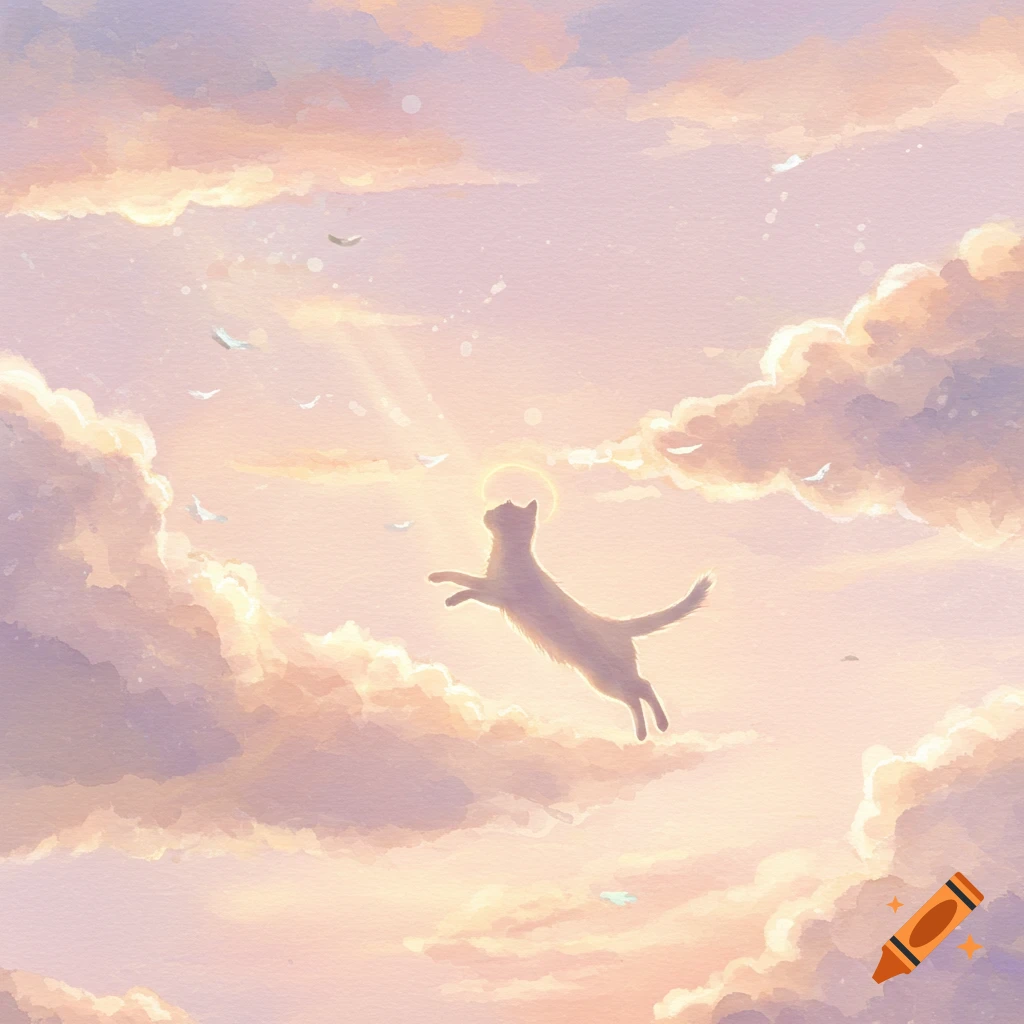 Dreamy watercolor illustration of a cat jumping through pastel clouds with birds and sunbeams.