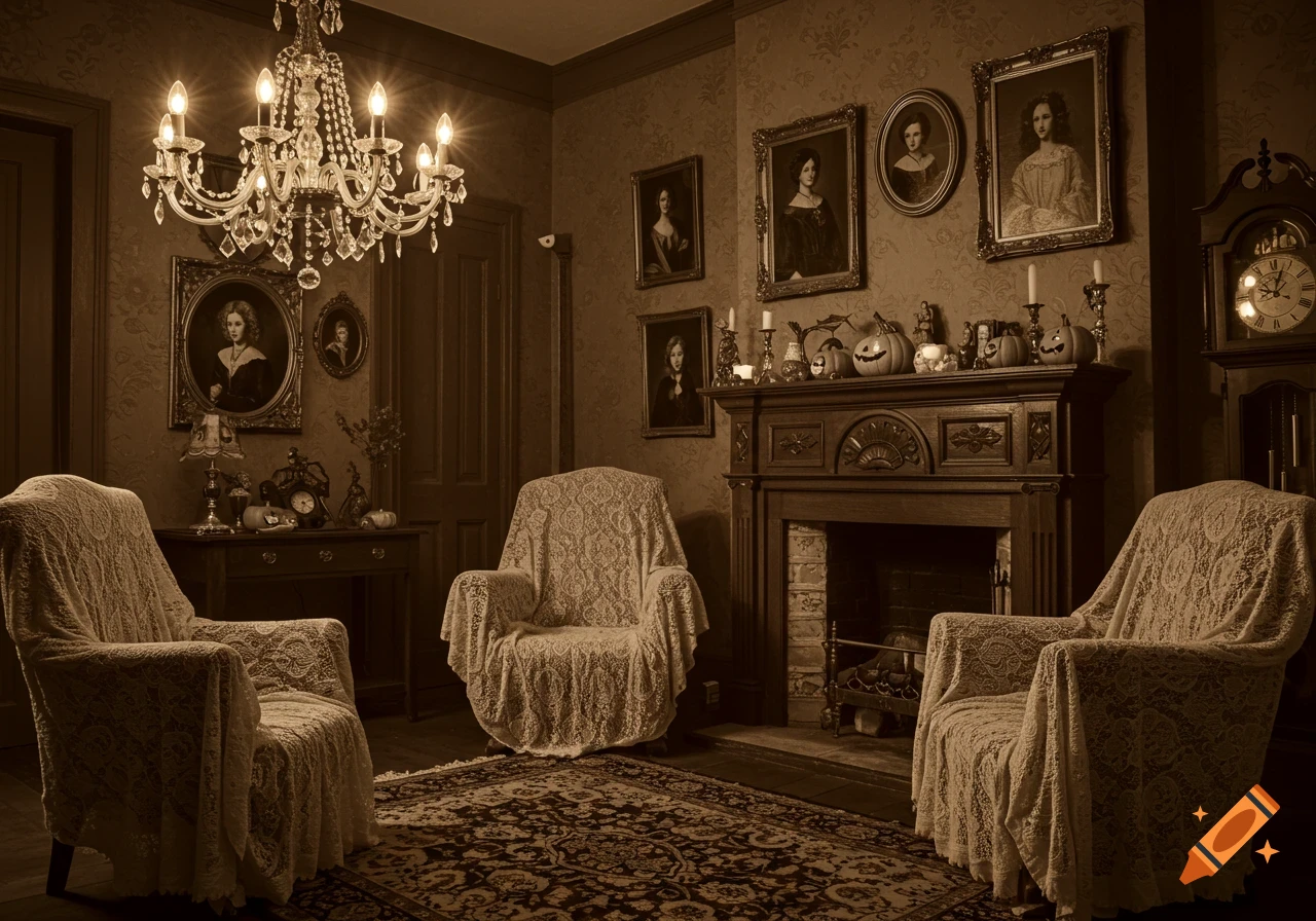 A sepia-toned vintage room with lace-draped chairs, a chandelier, portraits, a fireplace with Halloween pumpkins, and a grandfather clock.