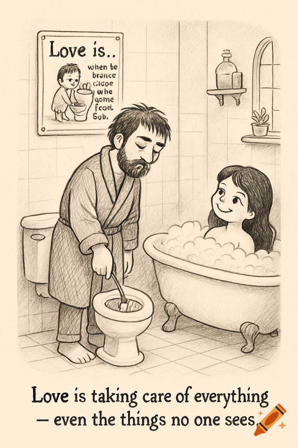 Black and white comic drawing of a man in a bathrobe cleaning a toilet, while a woman in a bubble bath watches him lovingly. A poster with garbled text is on the wall, and a caption at the bottom reads: Love is taking care of everything - even the things no one sees.