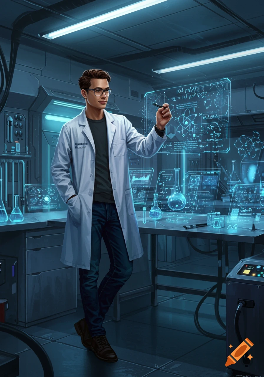 A male scientist in a lab coat and glasses points at a glowing holographic screen filled with formulas in a futuristic laboratory.
