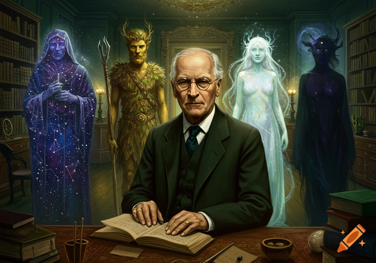 An older man in a suit sits at a desk with an open book, surrounded by four mystical, ethereal figures.