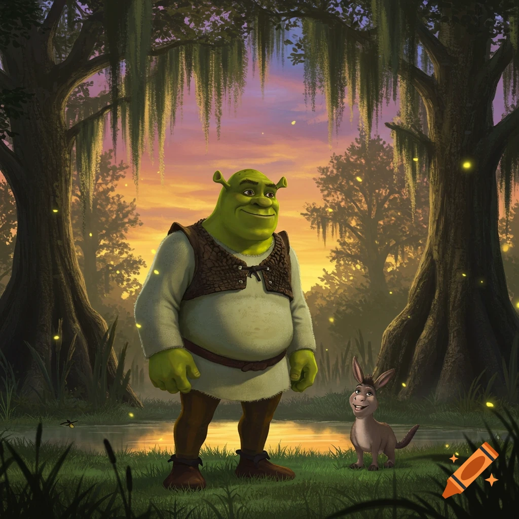 Shrek and Donkey stand in a lush swamp at sunset, with fireflies glowing around them.