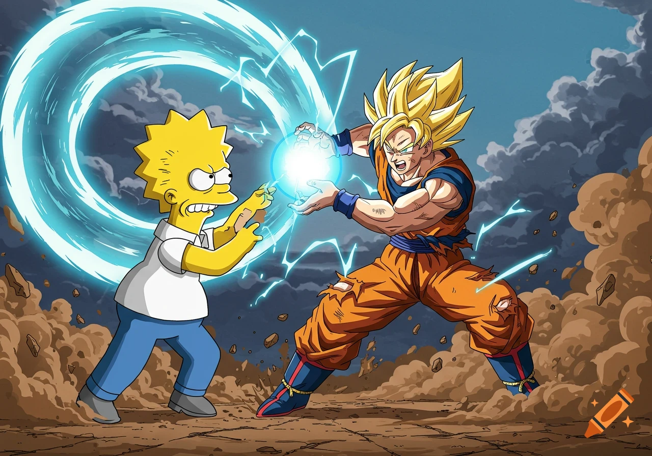 Goku from Dragon Ball and Lisa Simpson from The Simpsons clash powerful energy attacks in a dynamic, stylized cartoon battle.