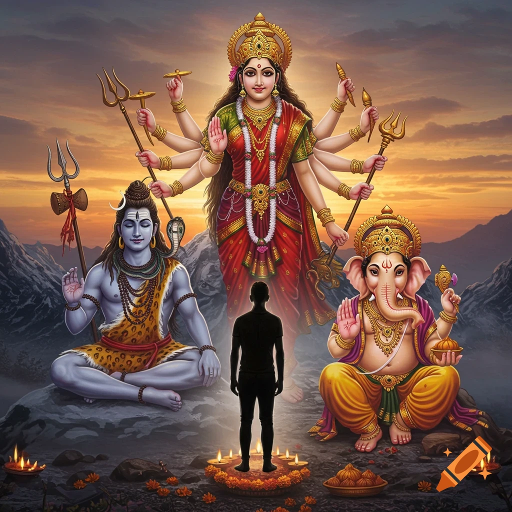 Hindu deities Durga, Shiva, and Ganesha with a human silhouette, set against a vibrant sunset in a mountainous landscape.