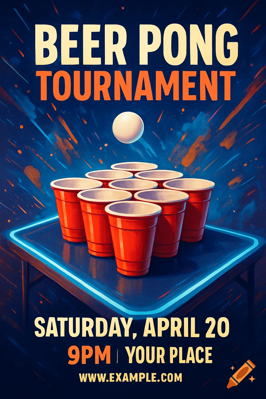 A colorful event flyer for a Beer Pong Tournament, showing red cups on a table with a ping pong ball, against a dynamic blue background.