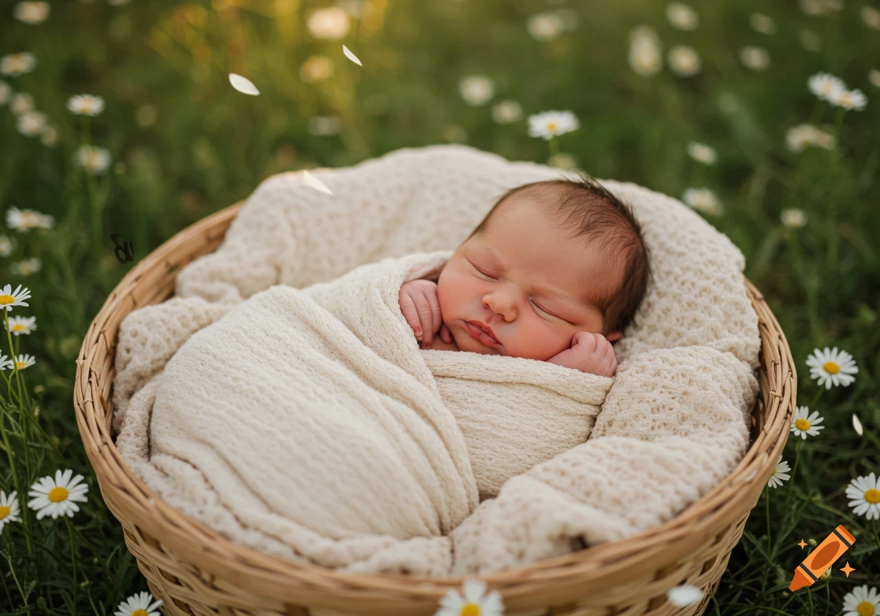 Photorealistic newborn baby sleeping in a cream blanket within a woven basket, surrounded by white daisies in a sunlit field.