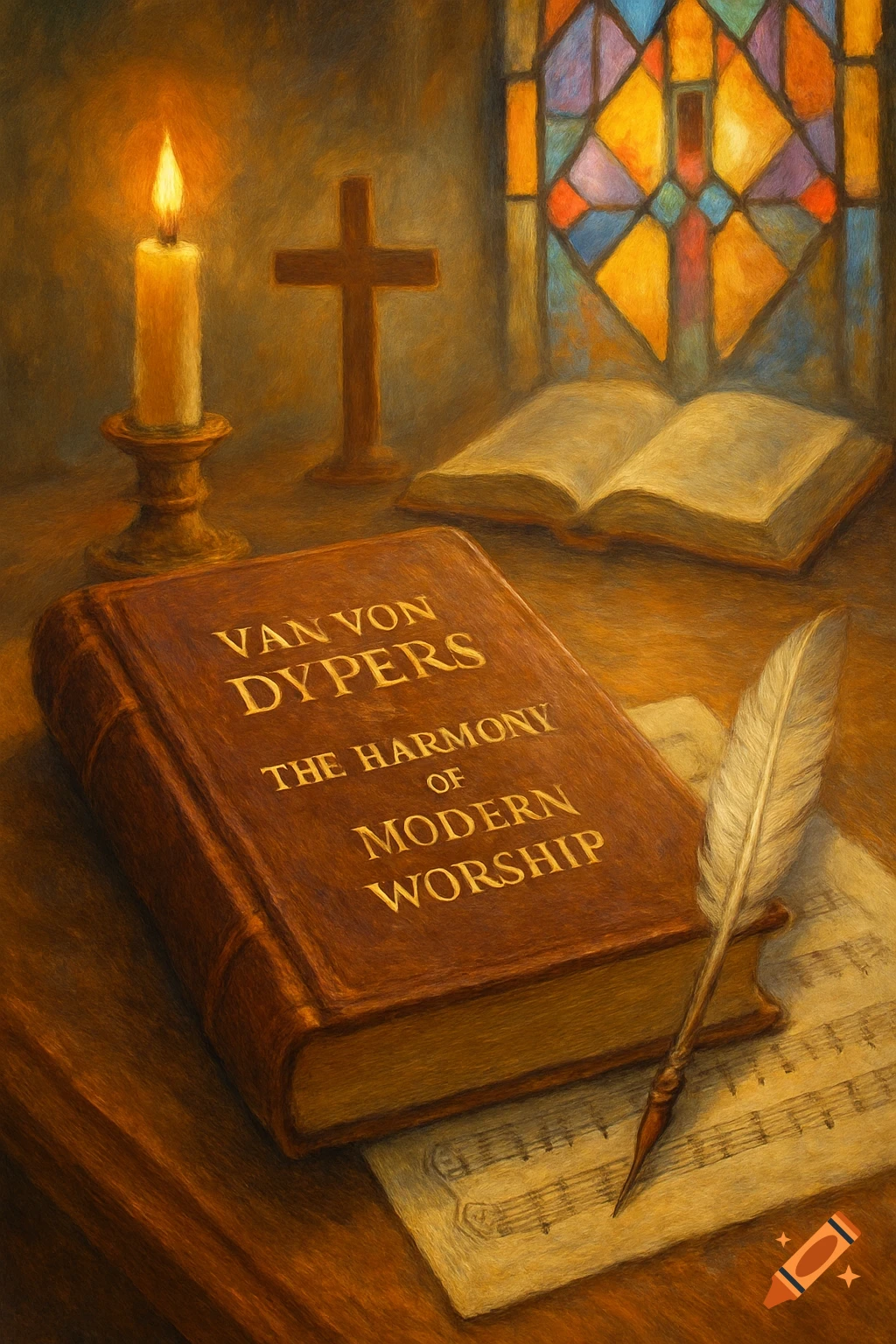 A still life painting depicts a book titled 'The Harmony of Modern Worship', a feather pen, sheet music, a lit candle, cross, and stained-glass window.