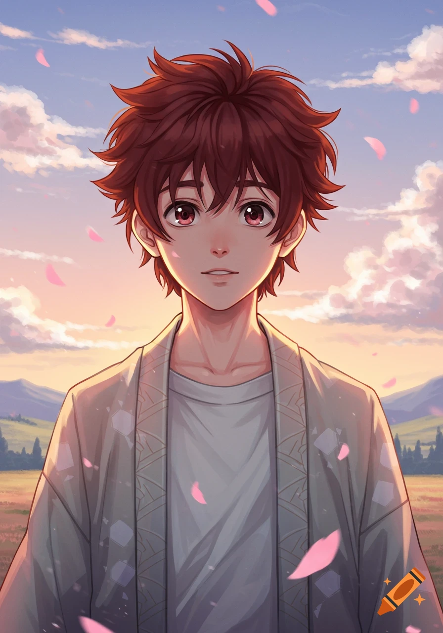 An anime boy with reddish-brown hair and pink eyes in a light kimono, standing in a field with falling pink petals under a sunset sky.