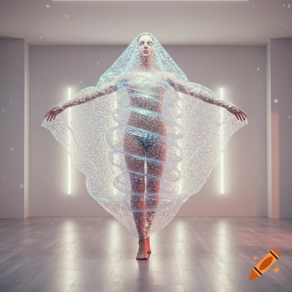 A photorealistic image of a person covered in translucent bubble wrap, standing in a brightly lit modern room with neon lights.