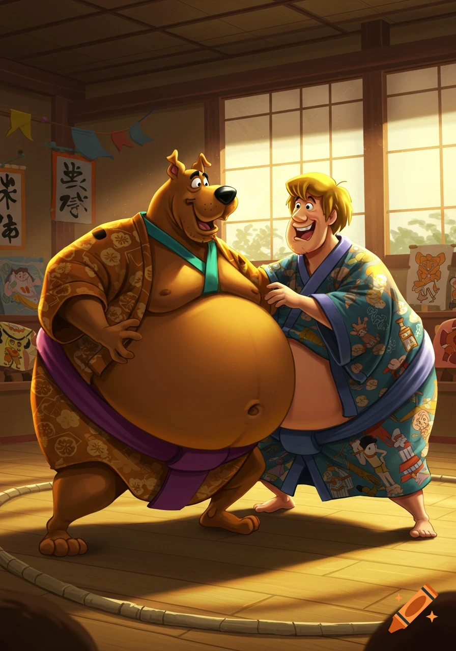 Scooby Doo and Shaggy, both depicted as very obese sumo wrestlers, stand facing each other in a dojo.