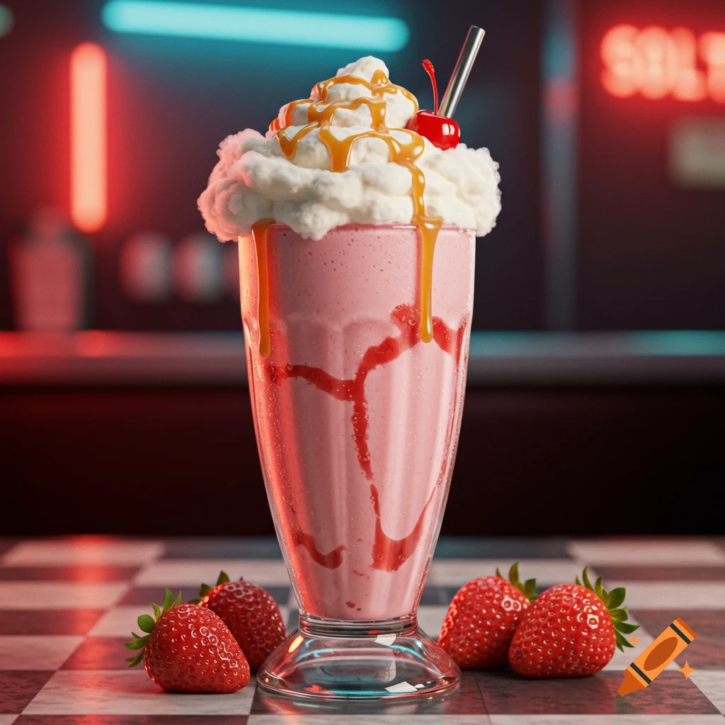 Photorealistic strawberry milkshake with whipped cream, caramel, a cherry, and fresh strawberries on a checkered counter with neon lights.