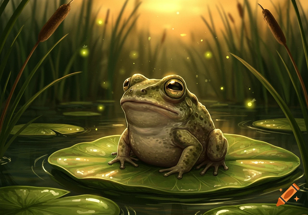 A green toad sits on a lily pad in a pond at sunset, surrounded by reeds and glowing fireflies in an illustrative style.