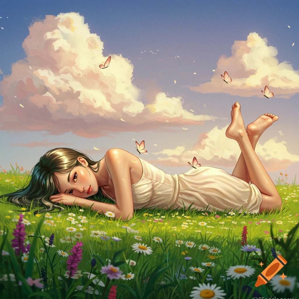 An illustrative painting of a woman with dark hair lying on her stomach in a field of green grass and wildflowers under a cloudy sky with butterflies.