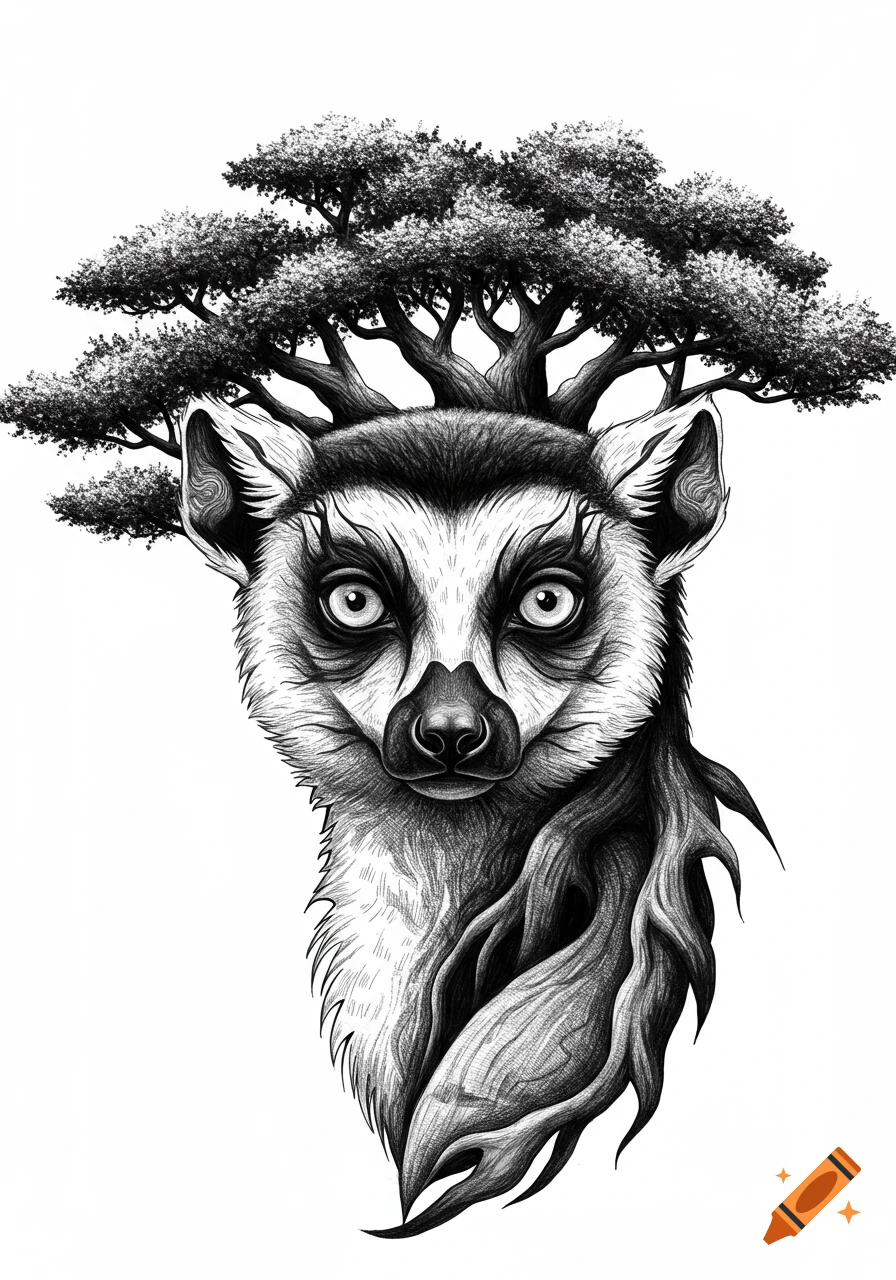 Black and white detailed tattoo design of a lemur's head formed by baobab tree branches and foliage.