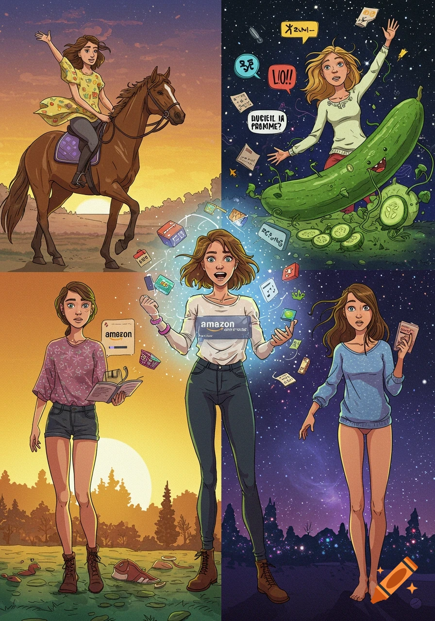 A four-panel illustration depicting sisters with various interests: one riding a horse, one with a giant cucumber, one surrounded by shopping icons and "amazon" text, and one looking surprised against a starry background.