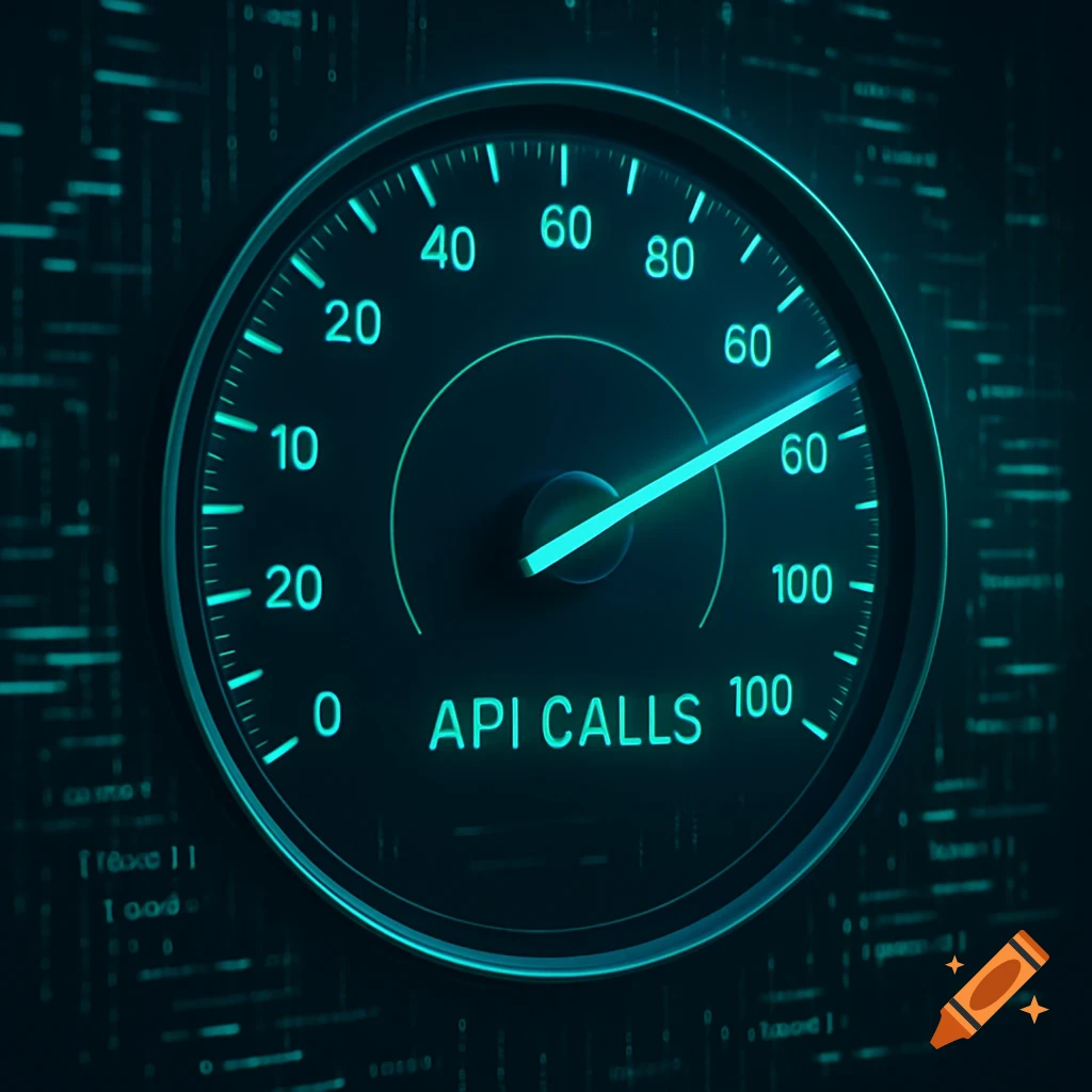 A glowing blue digital speedometer with a needle pointing to 60, labeled "API CALLS" at the bottom. The background features blurred green data streams.