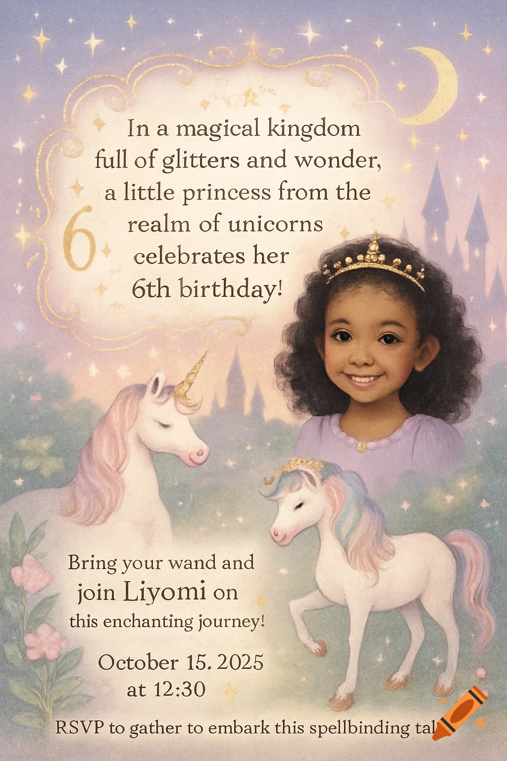 A magical birthday invitation with a smiling princess girl and two unicorns, set against a starry sky and castle backdrop.