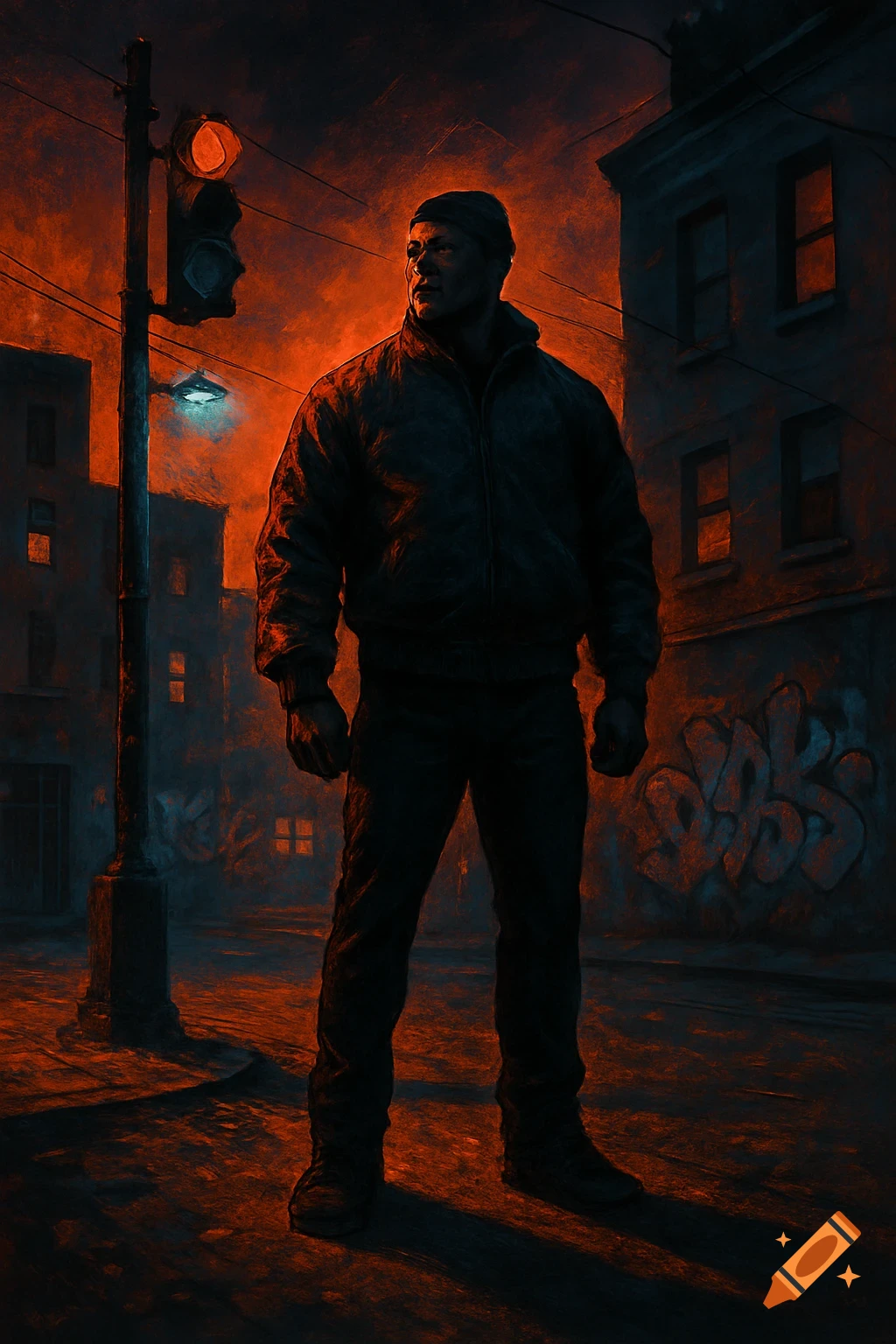 A muscular man in a dark jacket and beanie stands in a grimy, orange-red lit urban street with graffiti.