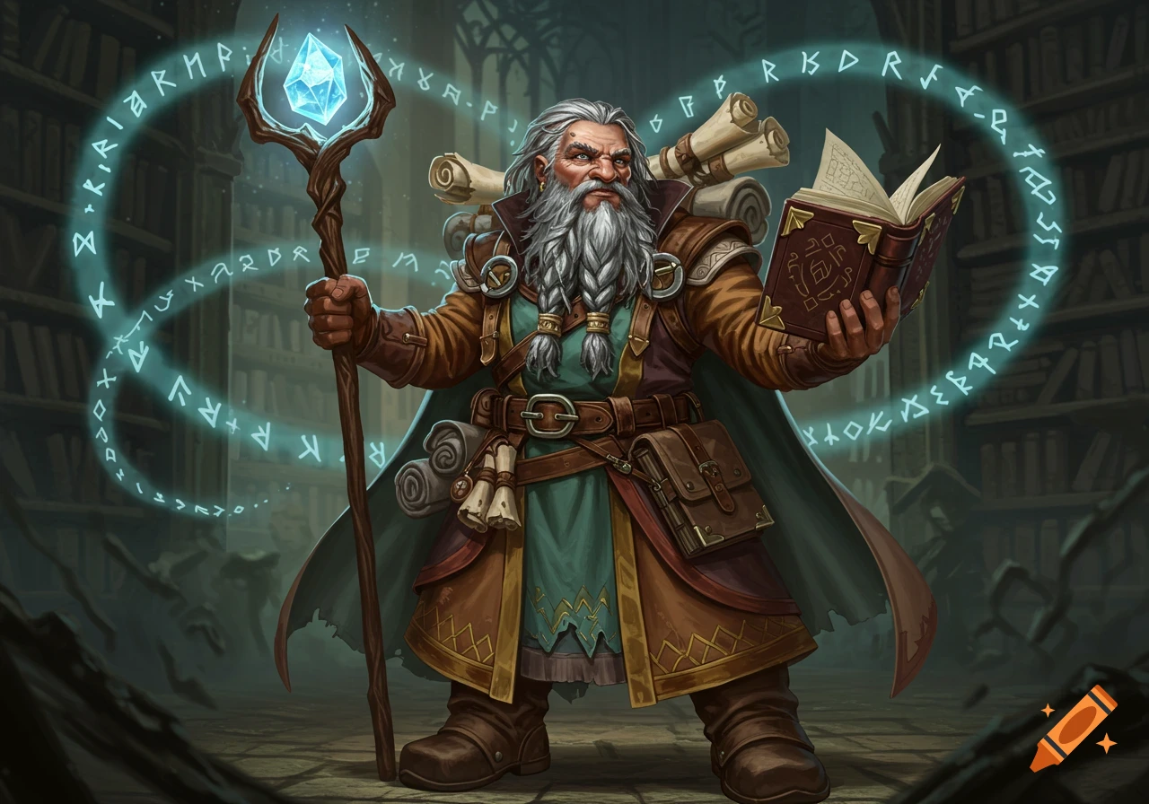 A stern, gray-bearded dwarf mage with a staff and open grimoire, surrounded by glowing runes in a library, fantasy art.