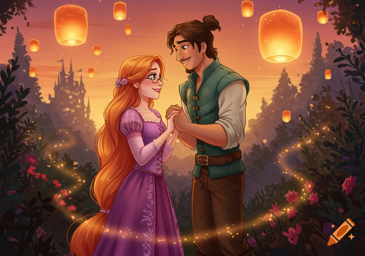 A fairytale illustration of a long-haired woman and a man holding hands, surrounded by floating lanterns and a castle at sunset.
