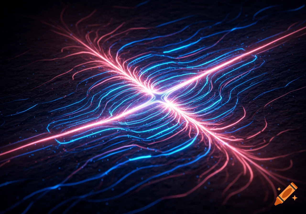 Abstract glowing red and blue lines radiating on a dark, textured surface, resembling energy or sound waves.