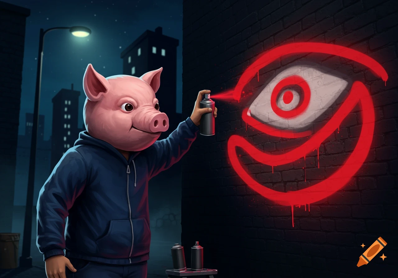 Cartoon man in a pig mask spray paints a red eye symbol graffiti on a brick wall in a dark city alley.