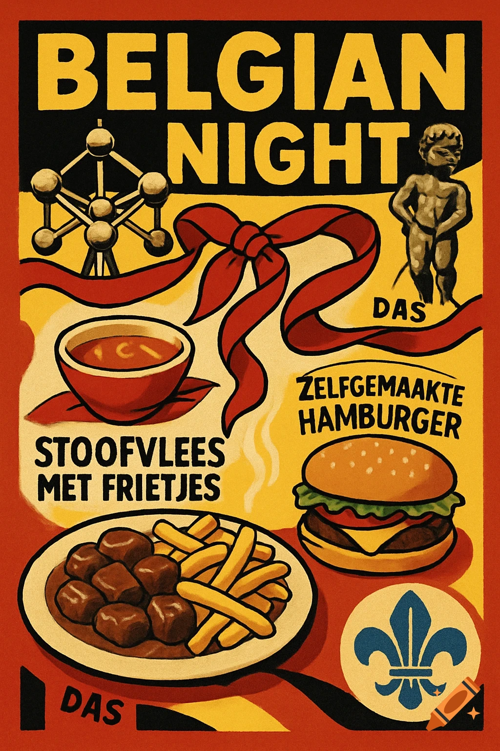 A vintage-style poster advertising "Belgian Night" with illustrations of the Atomium, Manneken Pis, stoofvlees met frietjes, a hamburger, a bowl of soup, a red ribbon, and a scouting fleur-de-lis emblem. Text labels dishes in Dutch.