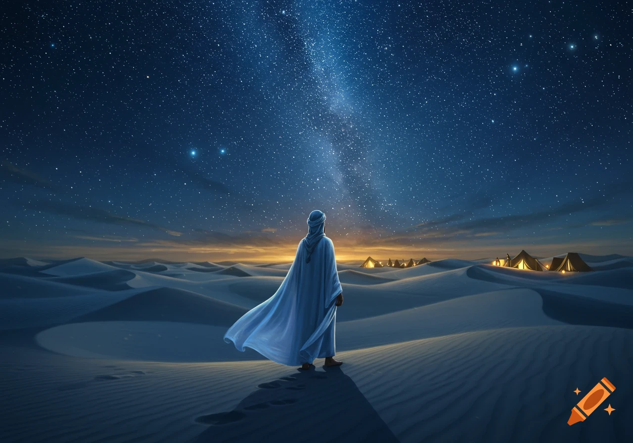 A person in a flowing white robe stands on a sand dune, gazing up at a vibrant starry night sky with the Milky Way over a desert landscape and distant glowing tents.