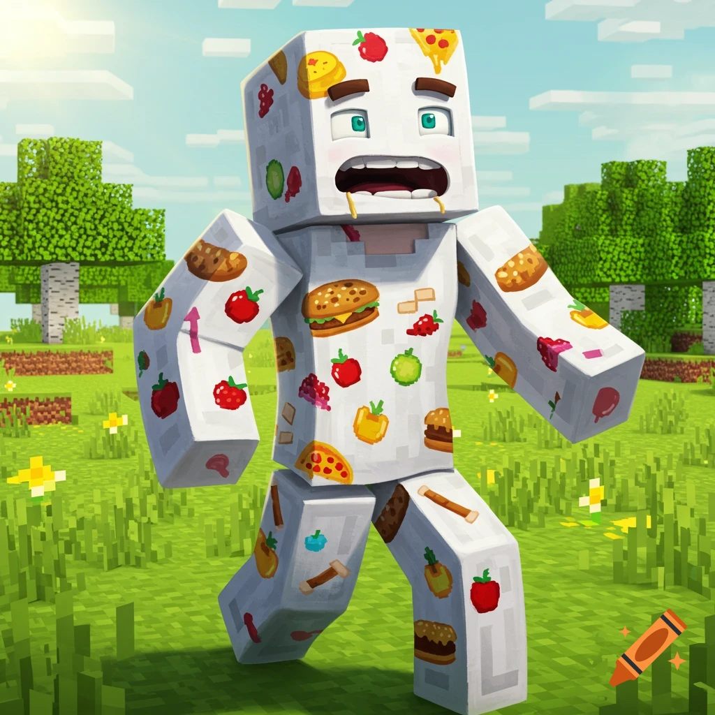 A Minecraft-style character with white skin covered in food drawings like burgers, pizza, and fruit, stands in a blocky grassy field with a hungry expression and drool.