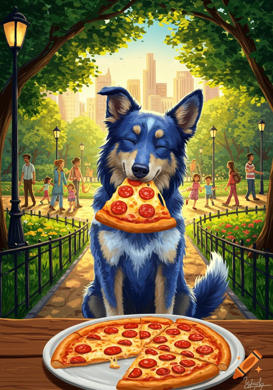 A happy blue dog holding a pepperoni pizza slice in a vibrant city park, with a full pizza on a wooden table.