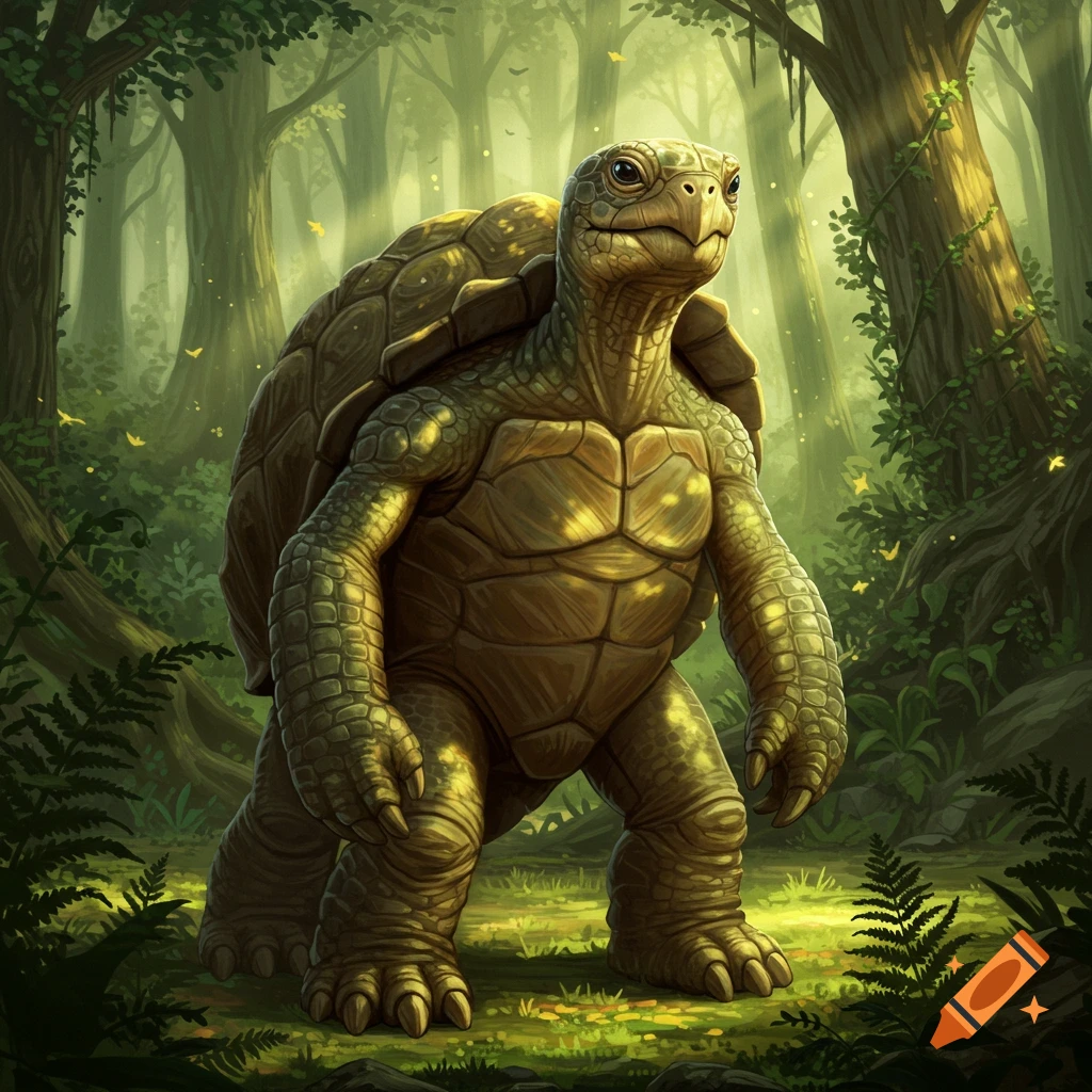 A detailed humanoid turtle creature with a large shell stands upright in a lush, sun-dappled forest.