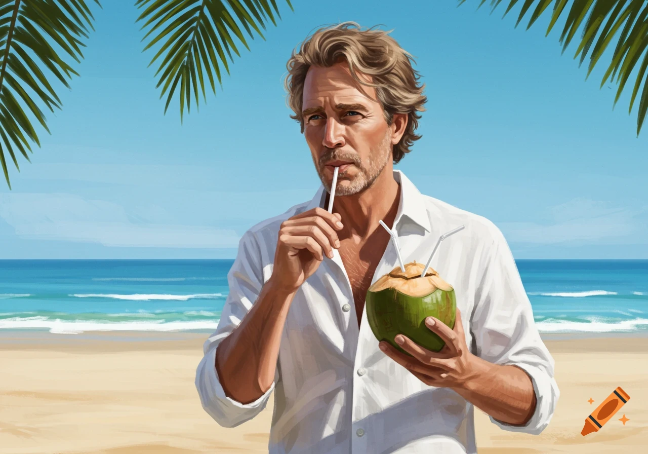 Man with wavy hair drinking coconut water on a sunny beach, palm leaves overhead. Digital painting style.
