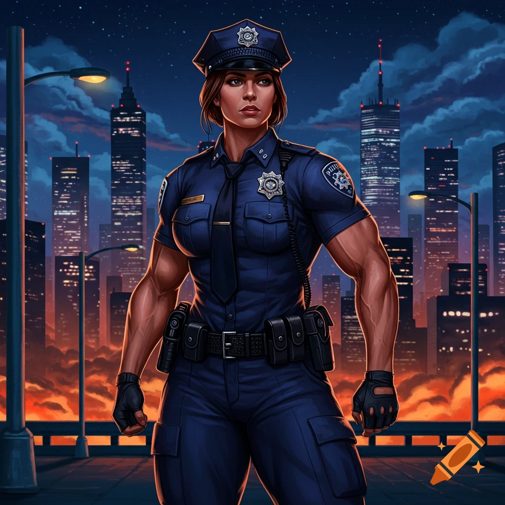 A muscular female police officer in a dark blue uniform stands against a dramatic night cityscape with streetlights and fiery clouds, in a comic book art style.