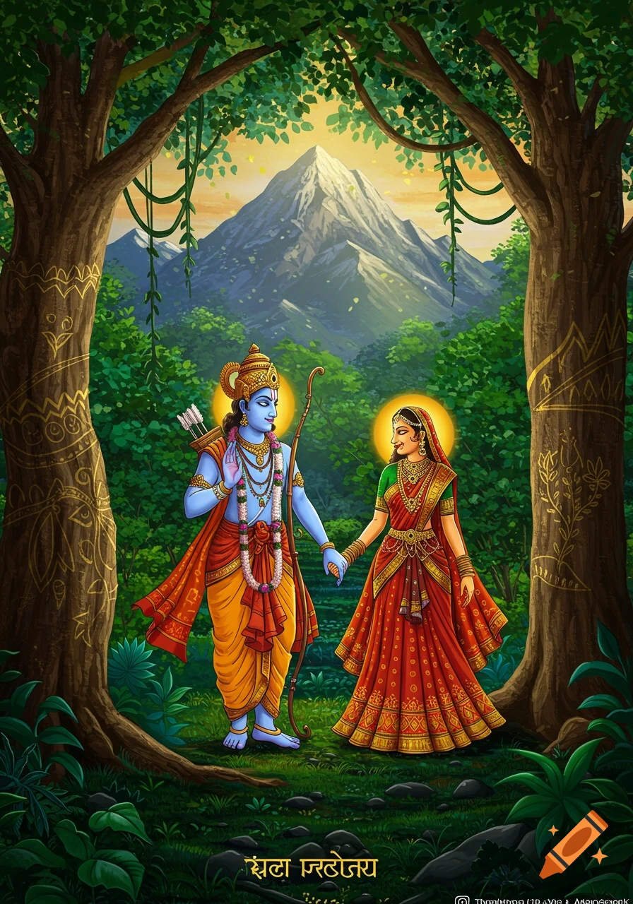 Colorful illustration of blue-skinned Lord Ram with a bow and Sita holding hands in a lush forest with a mountain at sunset, in an Indian art style.