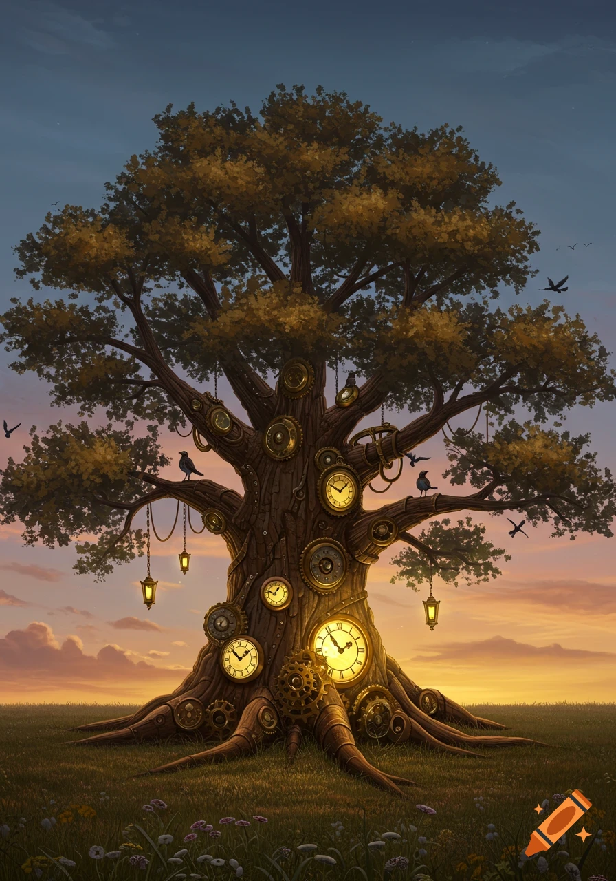 A majestic steampunk clockwork tree stands in a grassy field at sunset, adorned with glowing clocks, gears, and lanterns.