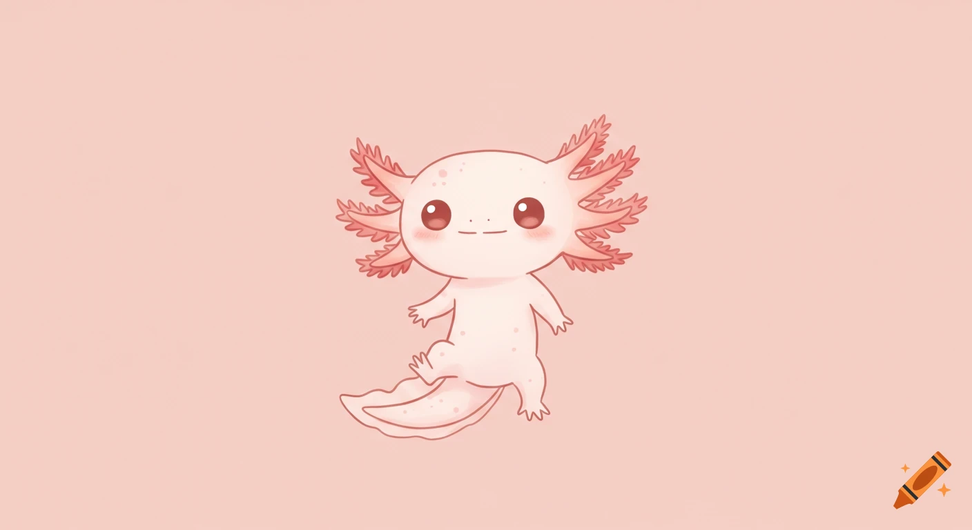 A cute cartoon axolotl with red eyes and pink gills, standing on a pale pink background.